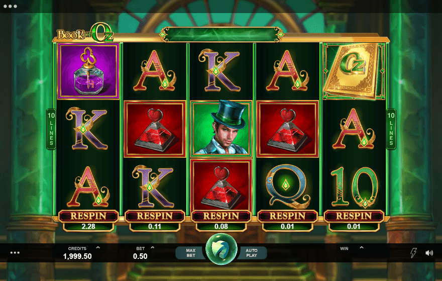 screenshot of the book of oz slot game interface