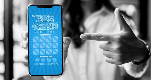 a woman pointing to a smartphone with a blue scratch card game on the screen