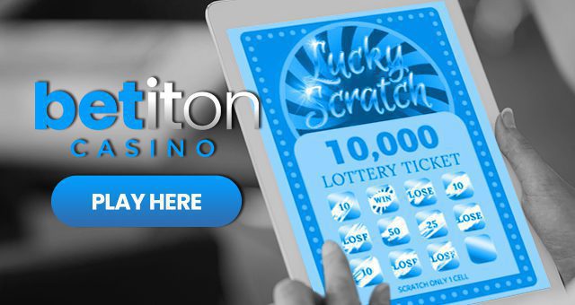 someone playing an online scratchie called lucky scratch on their tablet and the betiton casino logo with a button saying play here